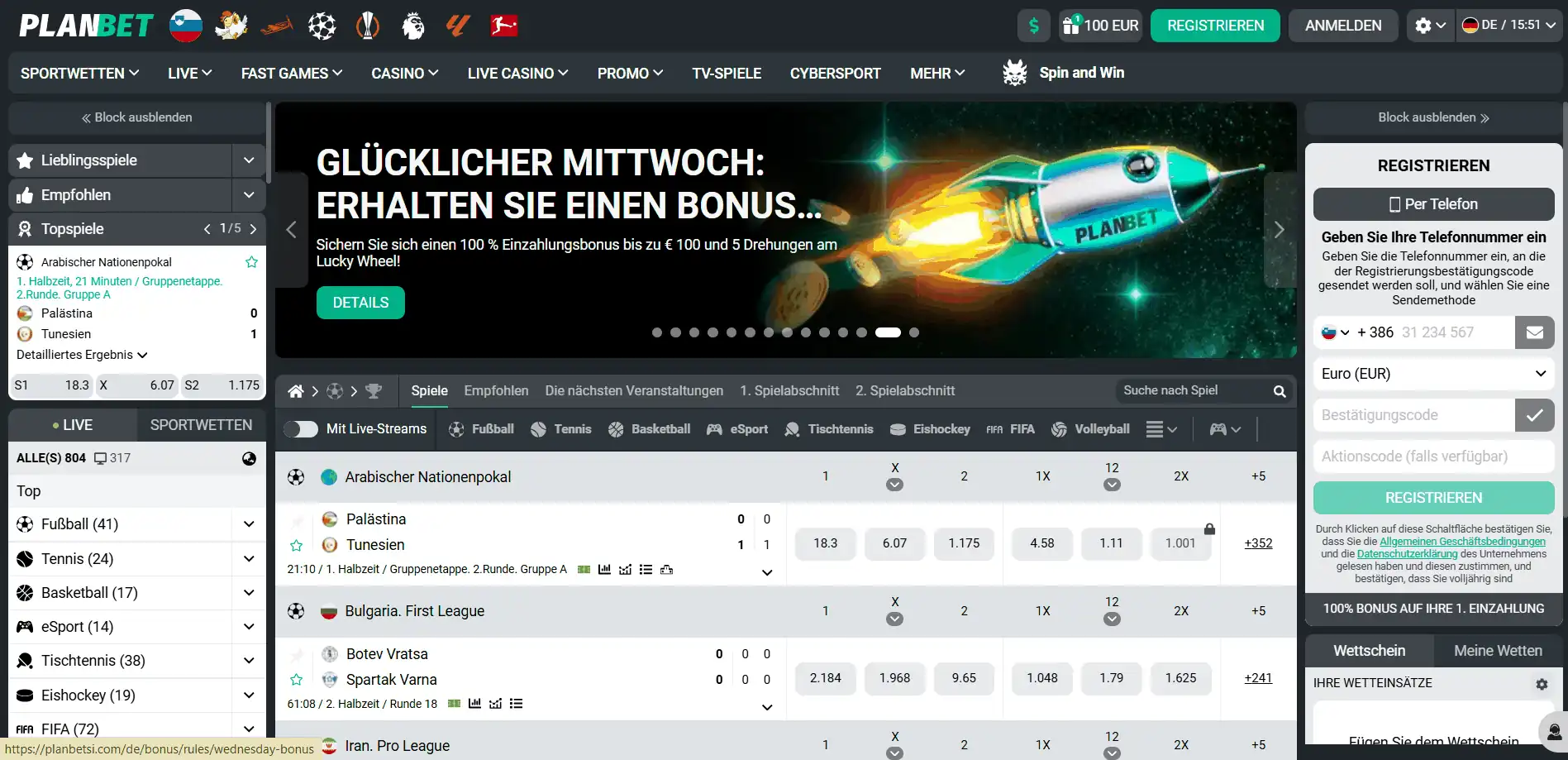 Planbet Casino-Menü